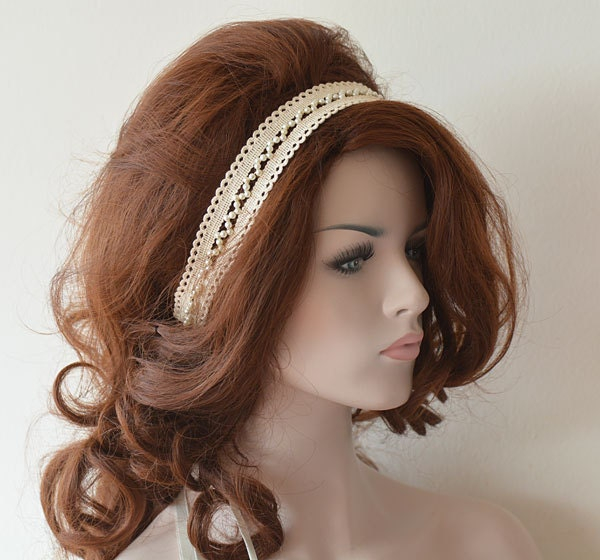 Double Row Pearl Lace Bridal Headband - Image 5