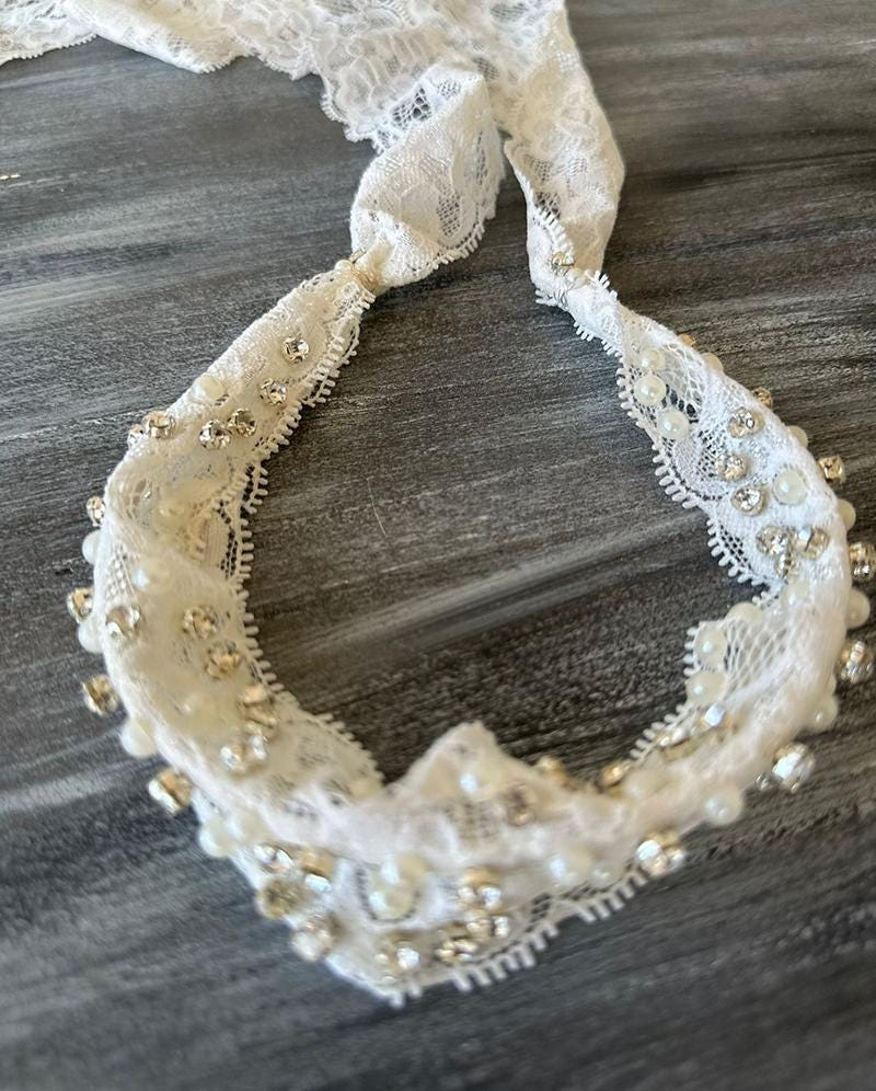 Wide Pearl Lace Bridal Headband - Image 3