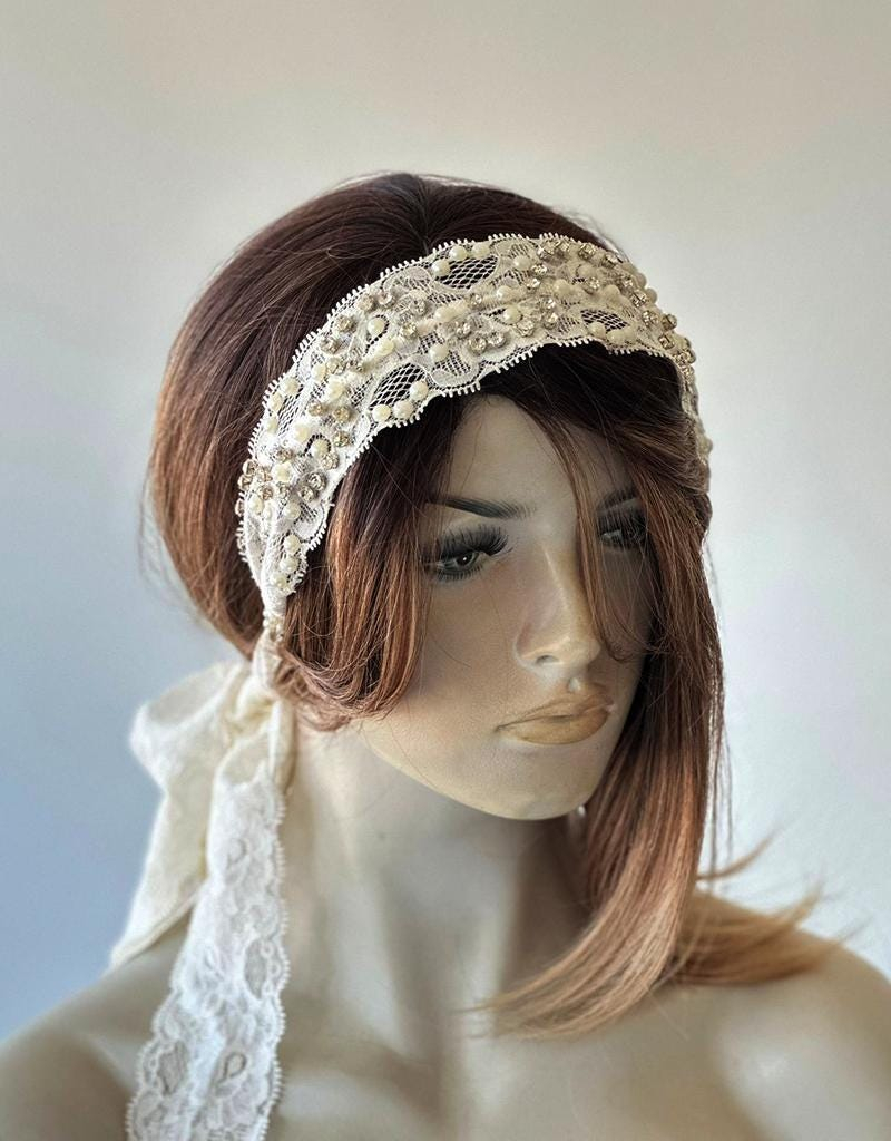 Wide Pearl Lace Bridal Headband - Image 2