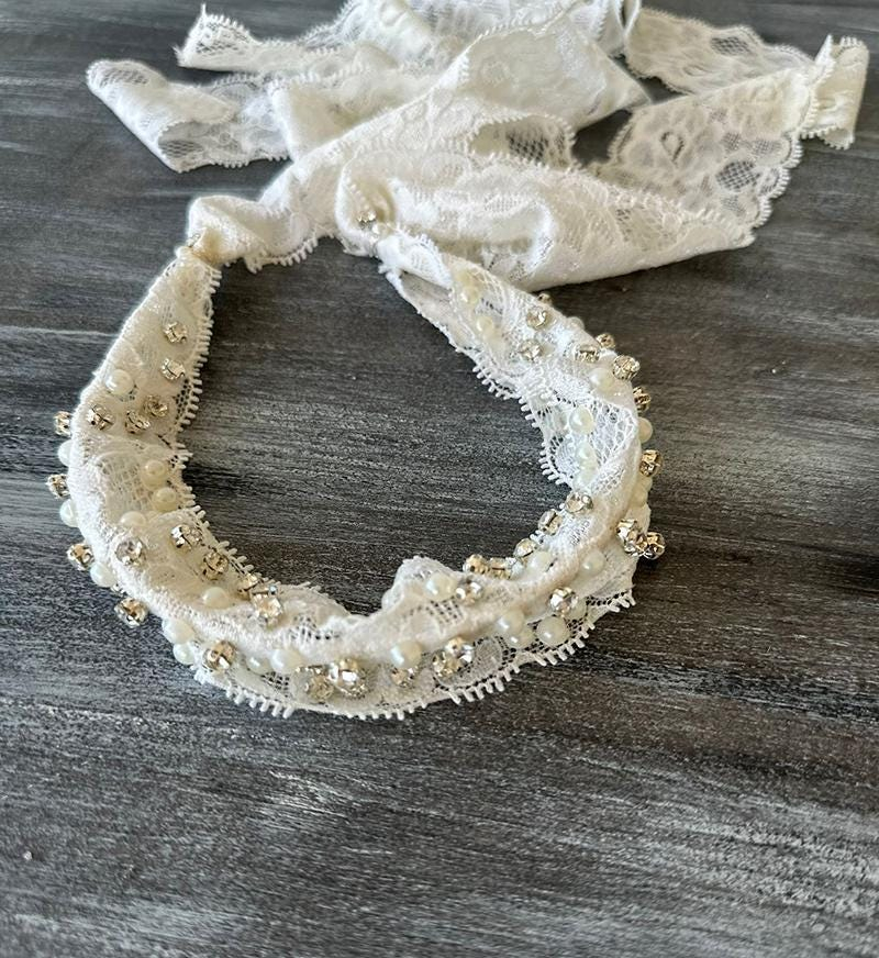 Wide Pearl Lace Bridal Headband - Image 4