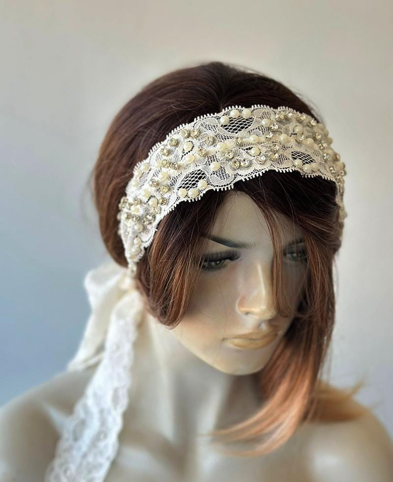 Wide Pearl Lace Bridal Headband - Image 5